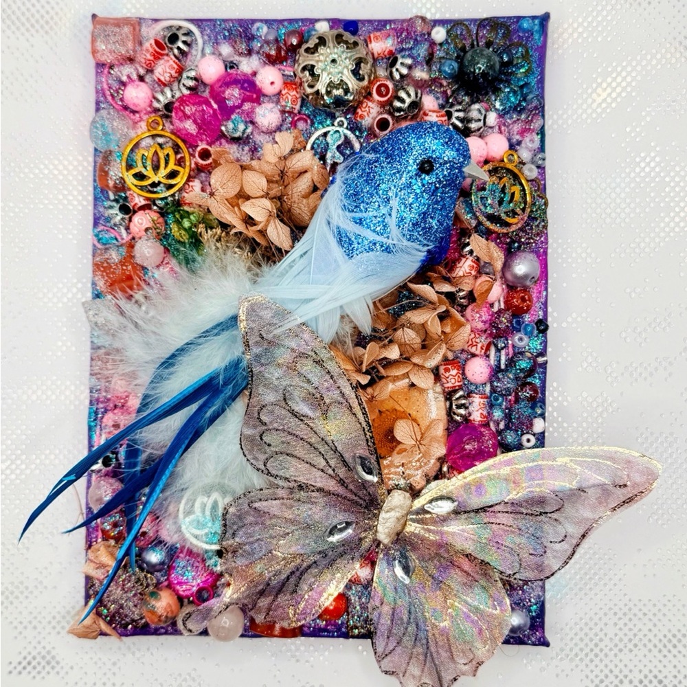 Colorful Mixed Media Art with Butterfly and Bird